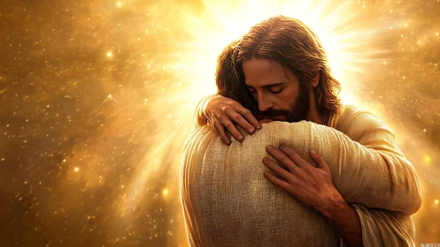 Radiant spiritual embrace rendered in luminous golden light.