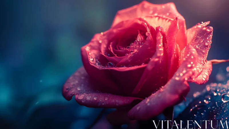 Red Rose Blooming Against Neon Blue Backdrop with Waterdrops