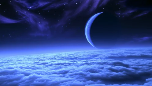 Crescent planet rises over luminous alien cloud sea