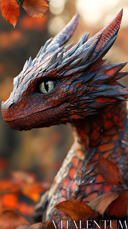 Red scaled dragon head in shallow depth of field portrait.
