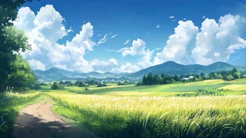 Sunlit country fields stretch toward distant blue mountains.