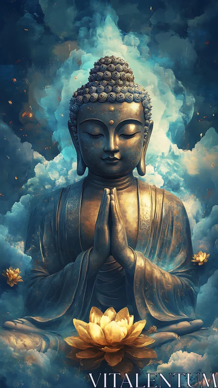 Golden Buddha statue rests in tranquil clouds and soft light