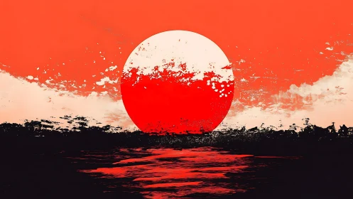 Crimson sun descends over abstract shoreline in bold contrast