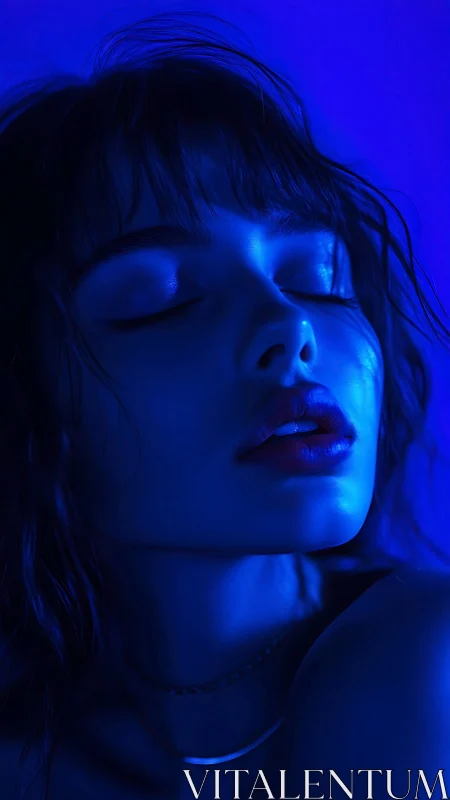 Dreamlit face drifting through deep electric blue night.