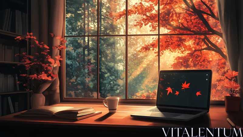 Cozy study desk facing autumn forest window view scene.