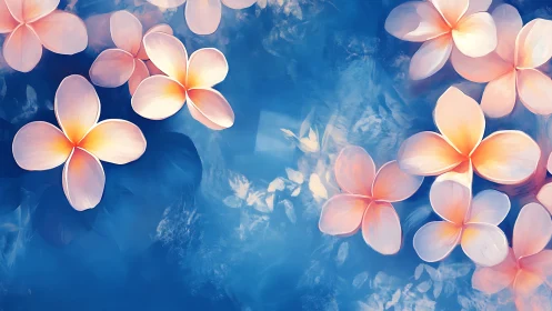 Pink plumeria flowers against blue background with cloud formations