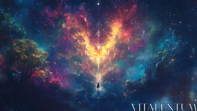 Solitary figure under nebular sky in luminous cosmic forest