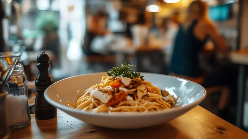 Pasta dish on wooden table in casual dining restaurant.