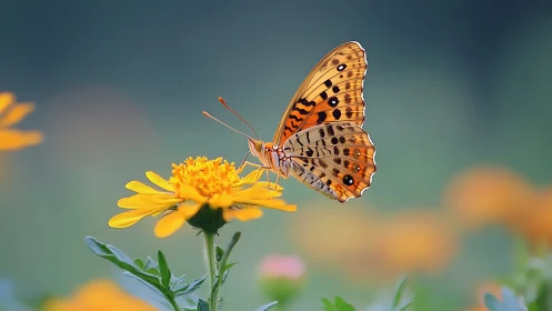 Orange patterned butterfly on yellow flower side profile.