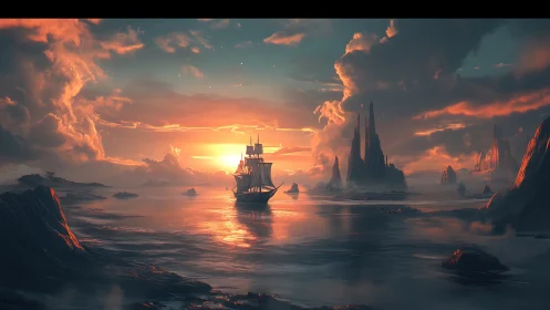 Sunlit galleon journeys through surreal crimson sea cliffs