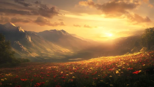 Sunlit wildflower valley leans into a molten mountain sunrise