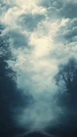 Mist-cloaked forest path dissolving into storm-bright sky.