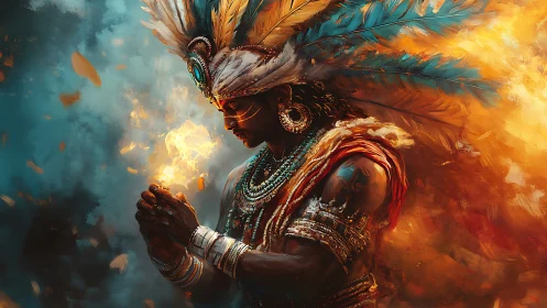 Fire bearing warrior in glowing feathers and swirling light.