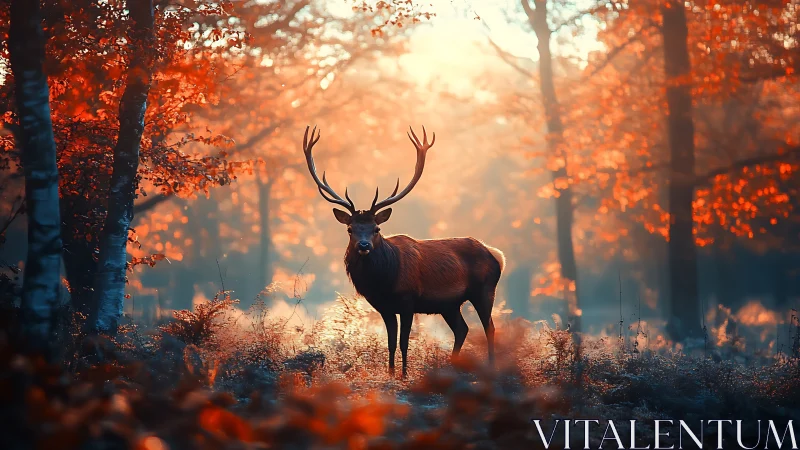 Majestic stag in glowing autumn forest haze at sunrise.