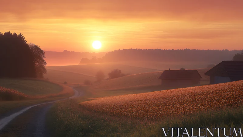 Sunrise over misty rural fields with glowing farm cabins.
