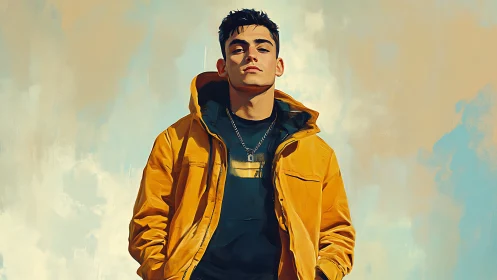 Sunlit jacket defies the sky with cool, painted confidence