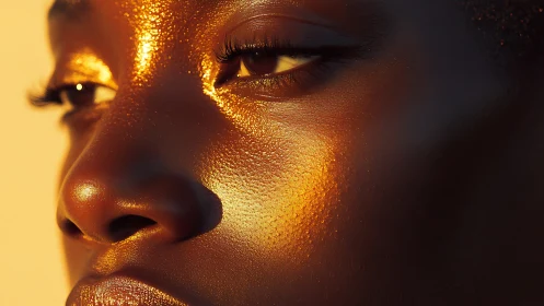 Golden hour close-up portrait with radiant metallic highlights.