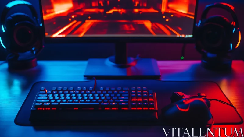 RGB-lit gaming battlestation in cinematic neon contrast layout.