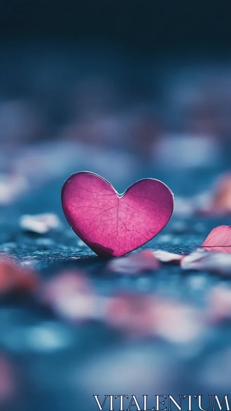 Pink Heart-Shaped Leaf on Wet Blue Surface with Shallow Depth