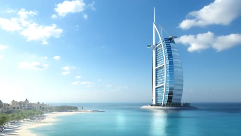 Iconic sail-form offshore tower in clear coastal daylight