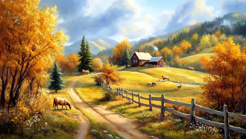 Golden autumn farmstead glows softly beneath mountain skies