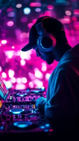 DJ wearing headphones mixes tracks on illuminated console