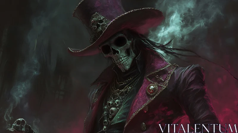 Undead dandy in crimson coat stalks through spectral fog.