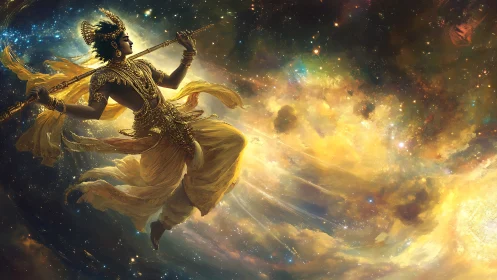 Celestial warrior ascends through swirling cosmic light.