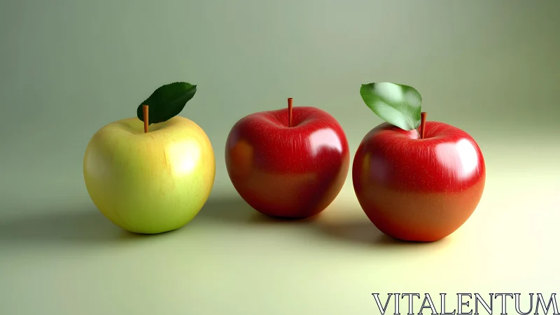 3D still life of three glossy apples on muted gradient plane.