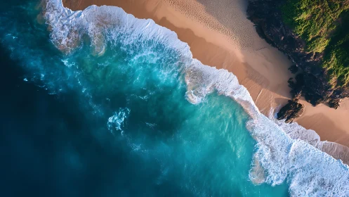 High-angle aerial coastline view capturing wave dynamics and sand