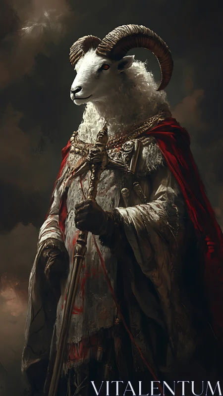 Noble ram knight stands in ornate armor and crimson cloak
