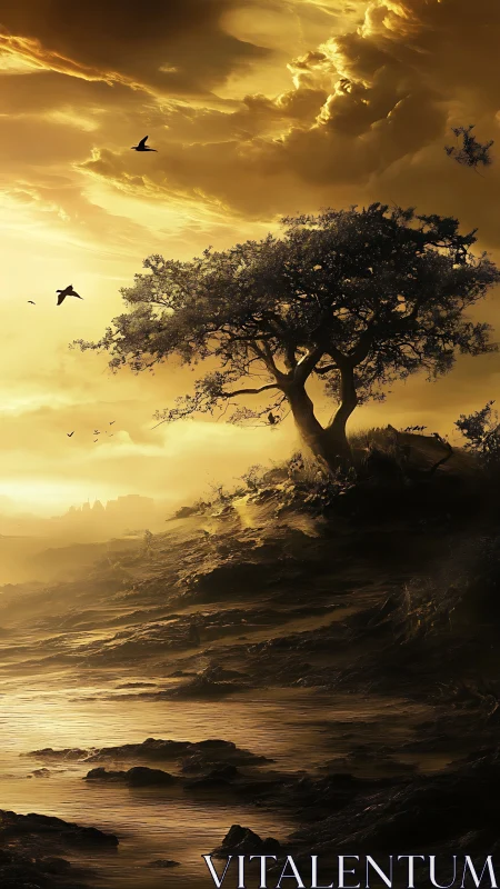 Cinematic sunset tree landscape in vertical digital painting.