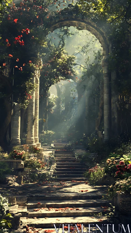 Sunlit ruin arches above an overgrown stone stairway.