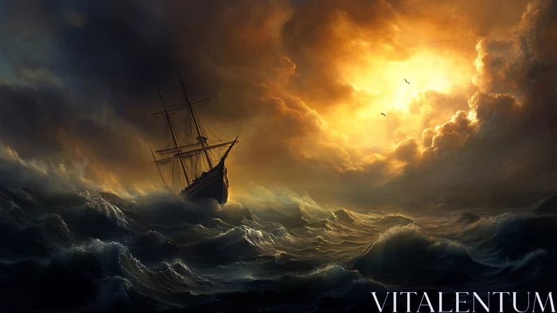 Storm-tossed sailing ship cuts through glowing twilight sky
