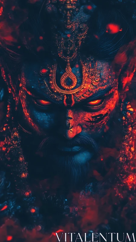 Volcanic deity visage in bi-chromatic emissive modulation.