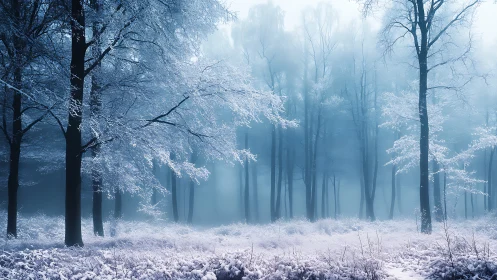 Frost-kissed hush in a misty blue winter forest dreamscape.
