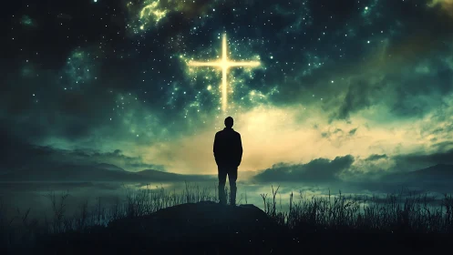 Stargazing soul beneath a glowing cross in the night sky.