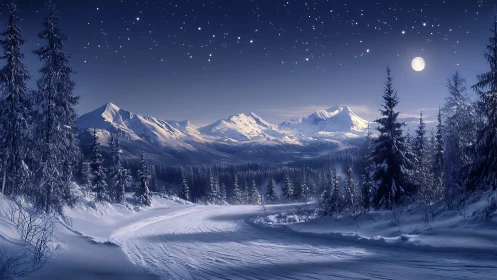 Snow-covered forest road under starry winter mountain sky.
