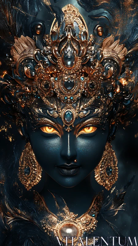 Ornate dark celestial goddess portrait with molten gold diadem