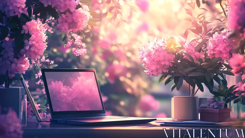 Gentle garden workspace glowing with soft pink blossoms.