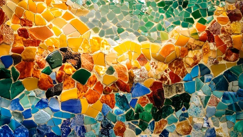 Vibrant mosaic pattern with colorful glass shards and light.