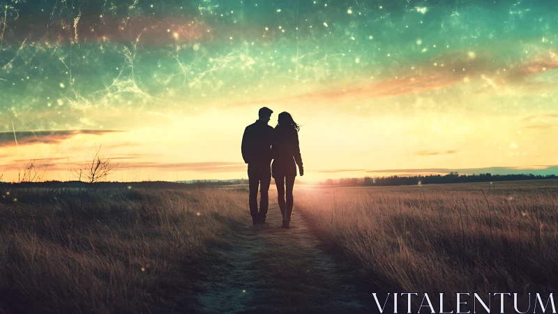 Couple Walking Into Sunset Over Field.