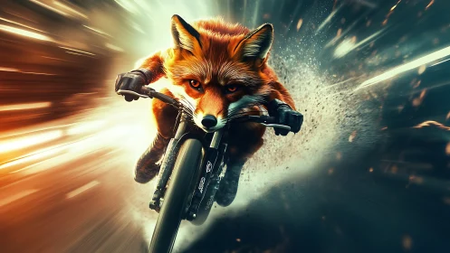 High-speed anthropomorphic fox sprinting on mountain bike