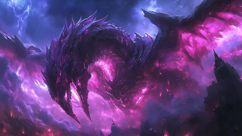 Stormlit amethyst dragon curling through a charged sky.