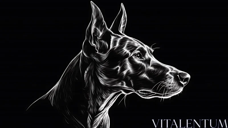Doberman profile rendered in luminous monochrome lines.