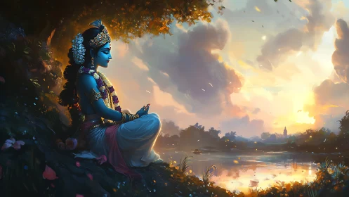 Blue-skinned figure sits lakeside beneath trees at sunset