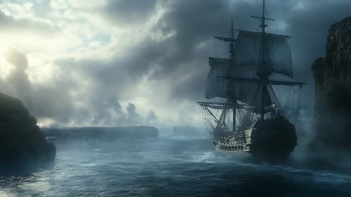Misty cliffside voyage with a lone tall ship at dawn.