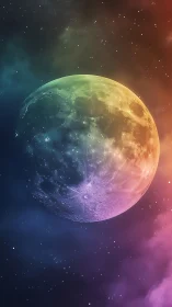 Chromatic lunar sphere rendered in high-contrast digital nebula