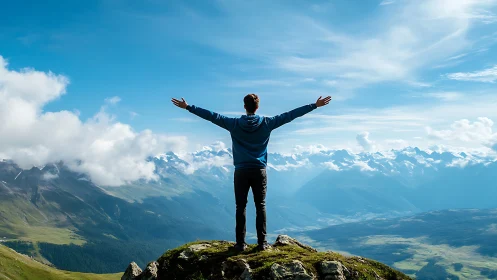 Man embraces mountain horizon under vast, cloud-bright sky