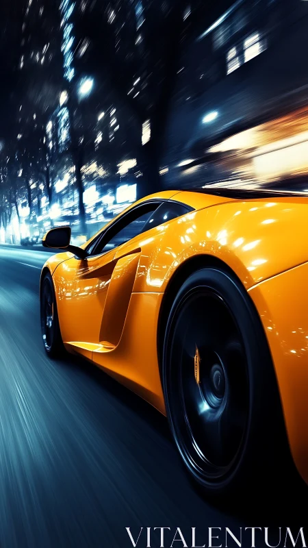 Orange supercar races through neon city streets at night.